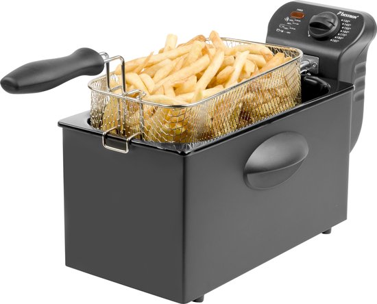 Bestron friteuse met koude zone, frituurpan met mand, inclusief traploos instelbare temperatuurregelaar, 2000W, 3,5 L, kleur: zwart